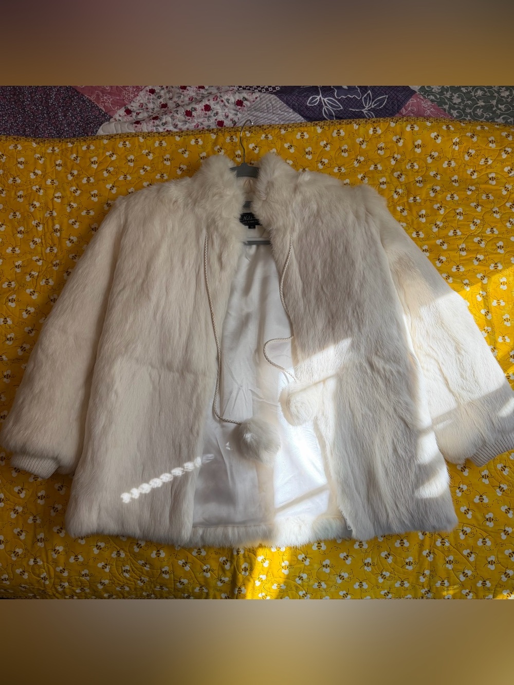Plush Ivory Real Fur (Rabbit) Short Coat with Pom-Tie Closure